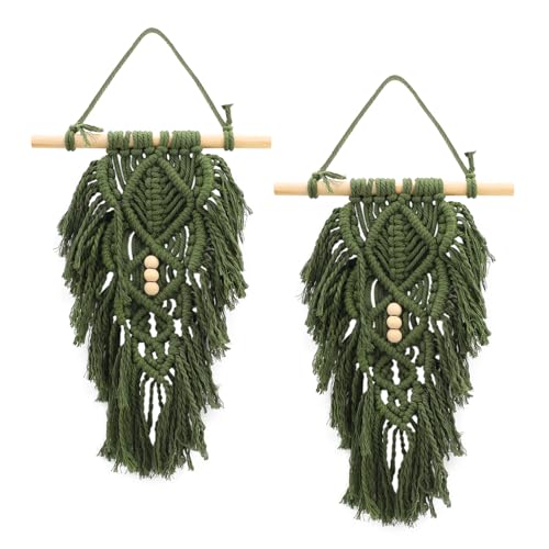 ASTIMESA 2 Packs Handmade Macrame Leaves Wall Hanging Decor, Vintage Woven Leaf Tapestry, Chic Boho Wall Art with Tassels Beads for Living Room Bedroom Home Green - color: Green