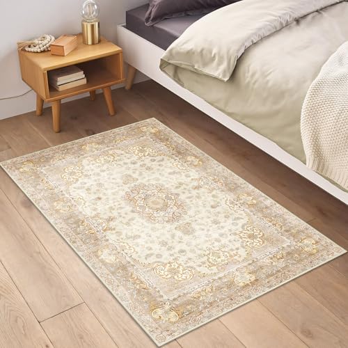 Small Rugs 2'x3',Boho Rug for Entryway Bathroom Kitchen Entrance Doormat,Vintage Bohemian Distressed Washable Accent Indoor Mat Floor Throw Carpet Non Slip,Beige Gold Floral - color: Beige, size: 2'x3'