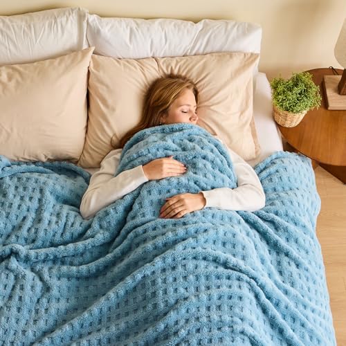 NEWCOSPLAY Super Soft King Blanket Blue Premium Silky Flannel Fleece 3D Waffle Checkered Lightweight Bed Blanket All Season Use (Blue, King(90"x110")) - color: Blue, size: King(90"x110")