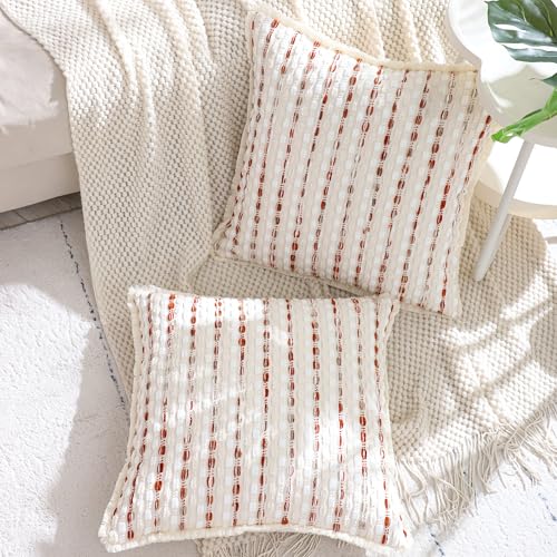 LUOYEHK Chenille Striped Throw Pillow Covers 18x18 Inch Set of 2 Boho Decorative Pillowcases with Fringe Farmhouse Neutral Orange White Cushion Covers for Couch Sofa Bed Living Room - color: Orange White, size: 18" x 18" (Pack of 2)