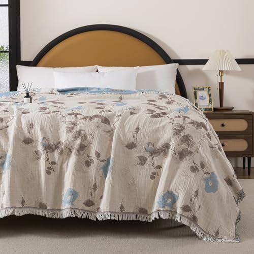 Lemfux 4-Layer 100% Cotton Muslin Cooling Blanket, Boho Floral Gauze Throw with Fringe, Ultra Soft Breathable Lightweight Bedspread Coverlet for Bed Sofa Couch - color: Dusty Blue Floral, size: 60"x80"