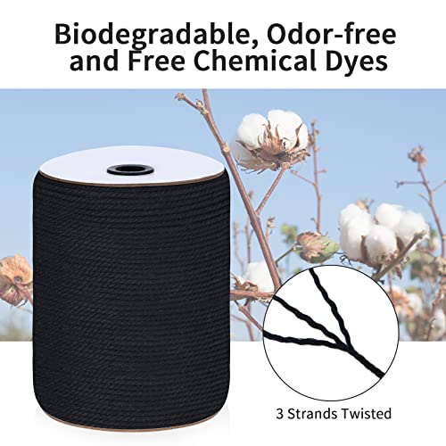 Macrame Cord 4mm x 328Yards (984Feet), Colored Natural Macrame Rope - 3 Strands Twisted Colorful Macrame Cotton Cord for Wall Hanging, Plant Hangers, Gift Wrapping and Wedding Decorations, Black - color: Black, size: 0.16 in x 328 yd