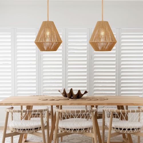 LynPon 12“ Boho Rattan Pendant Light with Rod Hanging, Natural Handwoven Boho Hanging Lamp, Rustic Farmhouse Rattan Chandelier for Dining Room Kitchen Island Bedroom Hallway Foyer Bathroom - color: 12" Wood Tone