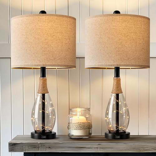 OYEARS 23" Table Lamps for Living Room Set of 2 Bedside Lamps for Night Stands Bedroom Lamps Farmhouse Rattan Boho Lamp Glass Nightlight End Table Lamp with USB C+A (Black),Two Light Points - color: Farmhouse Black