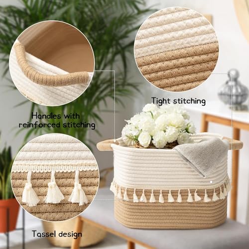TeoKJ 2 Pack Woven Storage Bin, Cotton Rope Basket for Storage, Clothes Boho Basket Bin for Organizing, Fabric Basket for Books, Plants, Pet Treats, White & Jute - color: White & Jute, size: 2 Pack