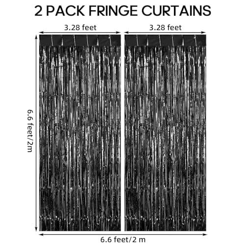 2 Pack Fringe Curtains Backdrops, Foil Fringe Curtains, Door Streamers for Birthday Wedding Bridal Shower Holiday Graduation Party Decorations, Photo Booth Backdrops, Black - color: Black