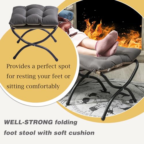 15" Foldable Foot Stool Ottoman with Metal Frame - Washable Dark Grey Upholstered Indoor/Outdoor Footrest for Living Room, Bedroom, Patio - Space-Saving Compact Design - color: Dark Grey