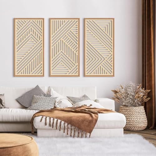 IARTTOP Large Boho Wooden Wall Art 16x32 Inch Framed Mid century Modern Wood Wall Decor Minimalist Modern Bohemian Decor for Dining Room Living Room Bedroom Set of 3 - color: boho geometric, size: 16 x 32 inches