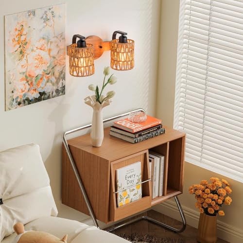 Bathroom Vanity Light Fixtures,2-Light Rattan Bathroom Lighting Fixtures Over Mirror,Farmhouse Wall Sconces Boho Woven Lampshade,Rustic Wall Mounted Wooden Base Wall Light for Bedroom Hallway Stairs - color: 2light-Cylinder shade