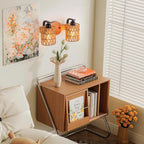 Bathroom Vanity Light Fixtures,2-Light Rattan Bathroom Lighting Fixtures Over Mirror,Farmhouse Wall Sconces Boho Woven Lampshade,Rustic Wall Mounted Wooden Base Wall Light for Bedroom Hallway Stairs - color: 2light-Cylinder shade
