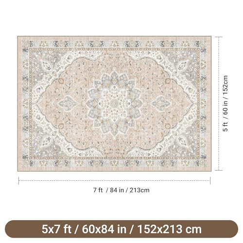 befbee 5x7 Area Rugs for Living Room,Stain Resistant Washable Rug,Non-Slip Backing Rugs for Bedroom,Kitchen,Printed Vintage Home Decor Rug (Peach/Gray, 5'x7') - color: Pink/Gray, size: 5' x 7' (Rectangular)
