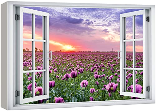 wall26 Canvas Print Wall Art Window View Sunset Purple Orchid Daisy Flower Field Wilderness Nature Photography Realism Scenic Landscape Colorful Multicolor for Living Room, Bedroom, Office - 12"x18" - color: A001-2204-yui12, size: 18"L x 12"W