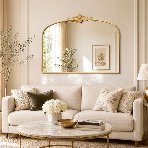 Besdomus Ornate Arched Large Mirror: 55"x36" French Gold Vintage Vanity Mirror - Overmax Baroque Decorative Traditional for Bathroom Remodel - Great for Fireplace/Entryway/Living Room/Bathroom - color: Gleaming Gold, size: 36"L x 55"W