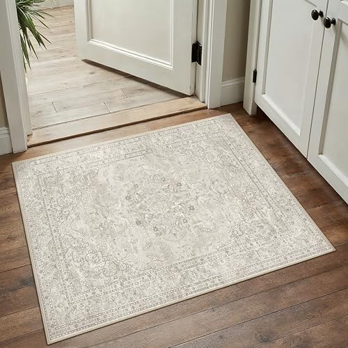 PureCozy Beige 2x3 Area Rug Washable Vintage Small Carpet for Entryway Kitchen Soft Retro Floral Low Pile Thin Door Mat Non Slip Central Medallion Throw Rug for Bathroom Office Bedroom Dining Room - color: Beige, size: 2' x 3' (Rectangular)