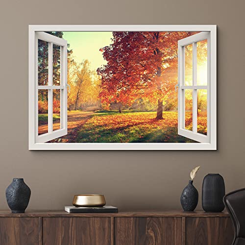 wall26 Canvas Print Wall Art Window View Orange Autumn Fall Forest Tree Park Wilderness Nature Photography Realism Scenic Landscape Colorful Multicolor for Living Room, Bedroom, Office - 12"x18" - color: A34-2204-est11, size: 18"L x 12"W