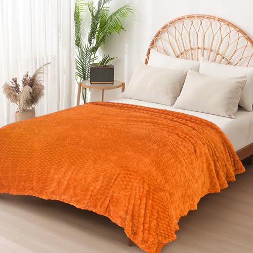 Vessia Flannel Fleece Twin Size Blanket(60x80 inch), 3D Jacquard Burnt Orange Fuzzy and Warm Blanket for Couch,Sofa, 300GSM Super Soft Touch Cozy Lightweight Bed Decor for All-Season Home Decor - color: Burnt Orange-3d, size: 60x80 inch