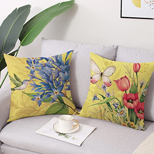 wyooxoo Spring Summer Pillow Covers 16x16 Set of 4 Decorative Throw Pillow Covers Linen Flower Butterfly Farmhouse Pillowcases for Sofa Couch Living Room Outdoor - color: Color B, size: 16" x 16" (Pack of 4)