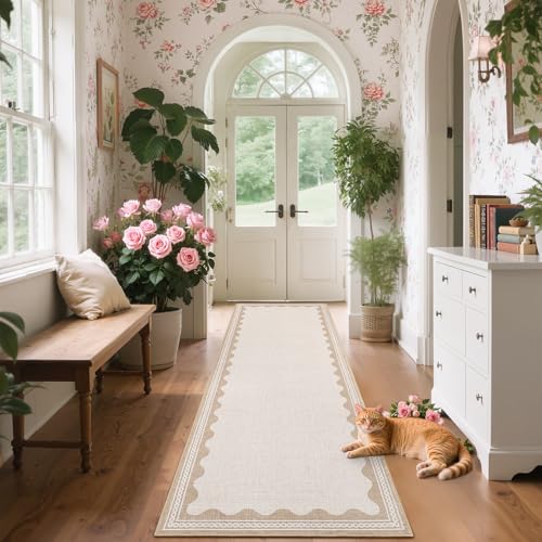 Garvee Washable Hallway Runner Rug 2x6 Runner Rug Non Slip Bordered Wave Print Entryway Rugs Foldable Non-Shedding Carpet Low Pile Stain-Resistant Indoor Soft Rugs for Laundry Kitchen Bathroom Beige - color: Border Beige, size: 2' x 6' (Rectangular)