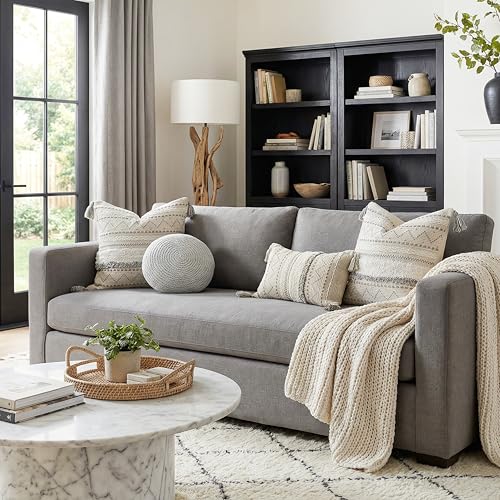 BlissBlush 12x20 Lumbar Pillow Cover, Cream Neutral Rectangular Decorative Cushion Cover with Gray Pattern, Boho Accent Pillowcase with Tassels for Couch Sofa Living Room (Cover Only) - color: Gray, size: 20" x 12" (Pack of 1)