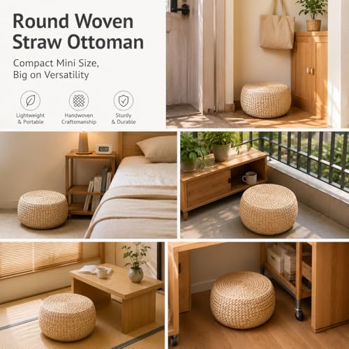 Small Straw Round Pouf Ottoman, Natural Mini Solid Wood Footrest, Boho Low Tatami Footstool for Living Room Bedroom Patio, 12.2"×12.2"×8.7", Ideal for Foot Rest or Temporary Seating