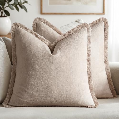MIULEE Decorative Throw Pillow Covers Neutral Linen Fringe Throw Pillows Set of 2 Natural Linen Boho Farmhouse Cushion Covers with Tassels for Couch Sofa Bed Spring Home Decor 16x16 Inch - color: Natural Linen, size: 16" x 16" (Pack of 2)