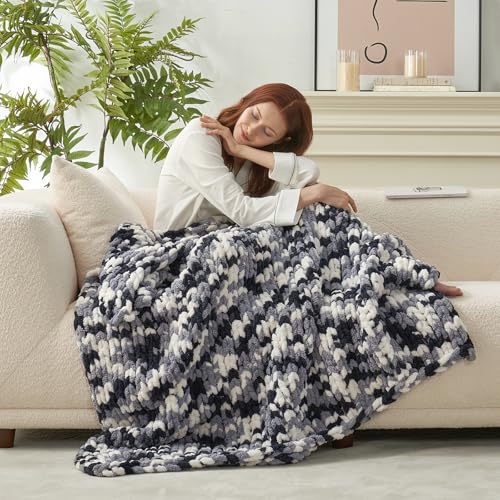 Amélie Home Chunky Knit Throw Blanket for Couch, Soft Chenille Handmade Crochet Throw Rope Knot Blanket for Couch, 50"x60", Space-Dyed Black - color: Black&white, size: 50"x60"