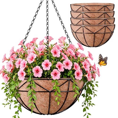Halatool 4 Pack 14 Inch Hanging Baskets for Plants Outdoor, Round Wire Metal Baskets with Coco Liners for Garden Patio Balcony Fence, Hanging Planters for Flowers Ferns Succulents Herbs Vines - color: 14in