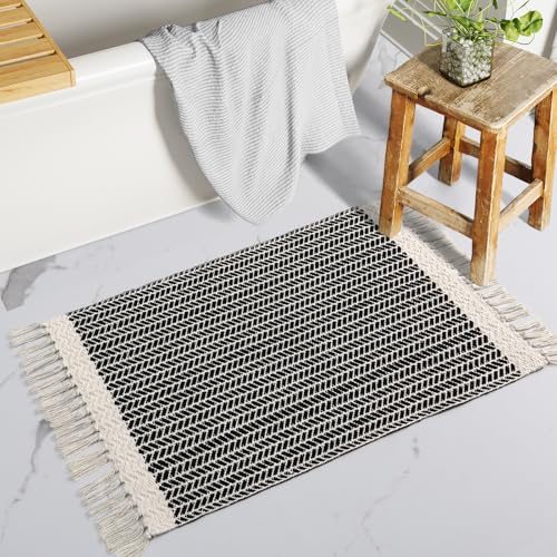 Lahome Belle Boho Bathroom Rugs, Small 2x3 Front Door Mat Lightweight Kitchen Rug Woven Cotton Area Rug with Tassels, Farmhouse Washable Black and White Throw Rug Low Pile Carpet for Entry Laundry - color: Black, size: 2' x 3' (Rectangular)