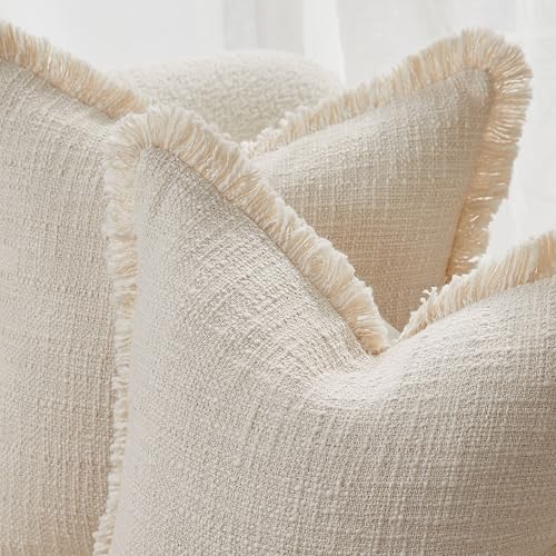 Decorative Throw Pillow Covers Set of 2,18x18 Inch Boho Farmhouse Cushion Covers with Tassels Natural Fringe Design for Couch Sofa Living Room Decor (Beige, 18"x18"(Pack of 2)) - color: Beige
