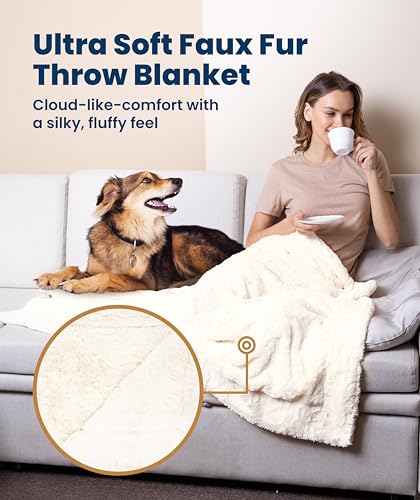 Everlasting Comfort Soft & Comfortable Ivory Faux Fur Throw Blanket for Couch - (50"x65") Minky & Fluffy Fall Blankets & Throws, Plush Fuzzy Cover for Bed, Sofa & Living Room - Cozy Home Decor - color: Ivory