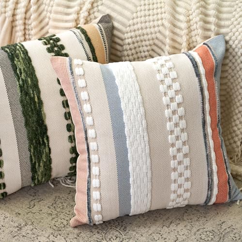 Aeckself Boho Throw Pillow Covers 18x18 Inch Set of 2, Farmhouse Decorative Striped Square Pillow Covers Chenille Tufted Pillow Cases Accent Neutral Pillowcase for Living Room Couch Bed, Orange Blue - color: Orange Blue