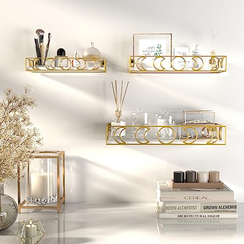 PHAREGE Moon Phase Floating Shelves White Gold, Set of 3 Small Decorative Wall Shelves for Book Plant Storage, Crystal Figurine Collectibles Display Shelf for Bedroom Kid Room - color: White Gold