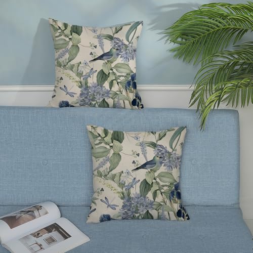 Chinoiserie Pillow Covers 16x16 Inch 2 Pcs Vintage Blue Green Floral Bird Decor Throw Pillows Flower Spring Summer Outdoor Farmhouse Decoration Pillowcase Linen Cushion Cover for Couch - color: Blue Green Chinoiserie Flower Bird, size: 16" x 16" (Pack of