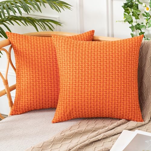 UGASA Fall Outdoor Waterproof Pillow Covers Pack of 2 Weaving Texture Water Resistant Outside Decorative Pillow Cases for Patio Garden Porch Yard Bench 18x18 Inch, Orange - color: Orange, size: 18" x 18" (Pack of 2)