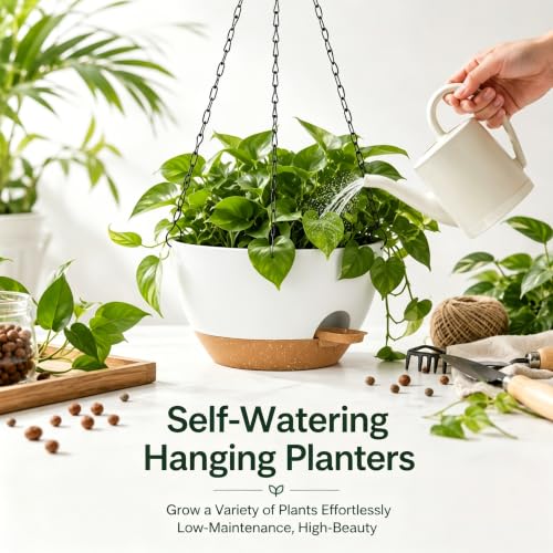 12 Inch Self Watering Hanging Planters 2 Pack, Indoor Outdoor Hanging Pots for Plants with Drainage Holes & Saucers, White Brown Plastic Hanging Baskets for Kitchen Balcony Garden - color: White Brown