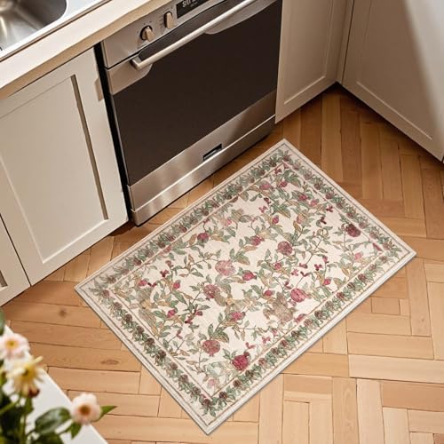 jinchan Eden Floral Area Rug 2x3 Entryway Vintage Washable Indoor Doormat Accent Rug Lightweight Soft Small Non-Slip Low Pile Distressed Red Green Carpet for Entrance Kitchen Bedroom Bathroom - color: Eden Red/Green, size: 2' x 3' (Rectangular)
