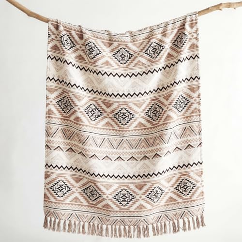 CASAAGUSTO Boho Throw Blanket with Tassel, Farmhouse Western Flannel Bohemian Blanket, Vintage Native Mexican Decorative Throw, Ideal for Gifting (60x80 Inches, Brown White) - color: Brown White, size: 60X80