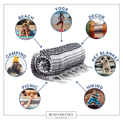 Benevolence LA Authentic Mexican Blanket – Handwoven Falsa Serape Throw – Beach, Camping, Picnic & Yoga Blanket – Lightweight Cotton Throw for Outdoor & Home – Gray, 50x70 in - color: Gray