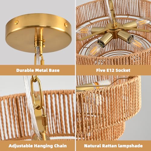 Boho Pendant Light Fixtures,15.7" Rattan Hanging Lamp for Kitchen Island,5-Light Hand-Woven Chandelier Height Adjustable,Natural Wicker Lamps for Dining Room Living Room Bedroom Hallway Entryway,Brown - color: 15.7" Brown