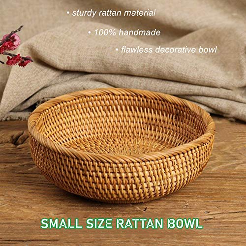 Hadewoven Round Rattan Fruit Basket Wicker Food Tray Weaving Storage Holder Dinning Room Bowl, 8 Inch Small Bread Baskets Tray for Serving with Deep Wall, Brown (Small 7.48”) - size: Small 7.48"