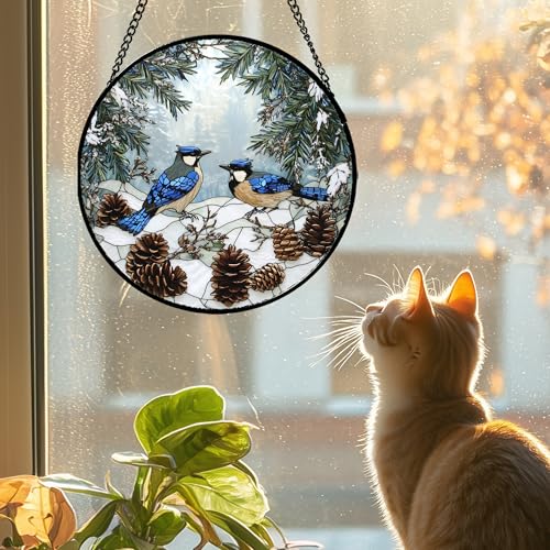 Stained Glass Window Hanging - Blue Bird Winter Forest Landscape Suncatcher for Door Garden Yard Sun Catchers Decor Christmas Mother's Day Birthday Gifts for Women Mom Nana Friend 6.3 in - color: Blue White and Brown, size: 6.3x6.3 IN