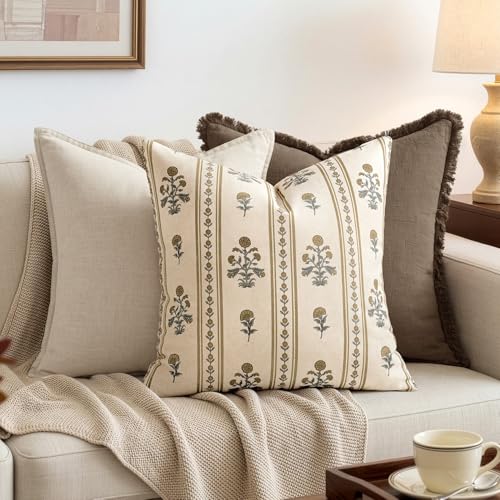 Decorative Vintage Striped Floral Throw Pillow Covers 20x20 Inch Set of 2 Walnut Farmhouse Boho Botanical Print Cushion Covers for Sofa Couch Chair Bedroom Living Room Summer Home Decor - color: Walnut, size: 20" x 20" (Pack of 2)