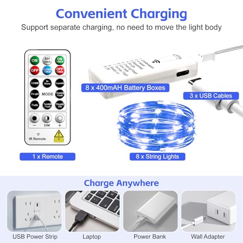 8 Pack Rechargeable LED Fairy Lights 7Ft 20LED Battery Operated with Remote, DIY Timer & 8 Modes, Mini Twinkle String Lights for Indoor Christmas Wedding Mason Jar Bedroom Party Table (Blue) - color: Blue