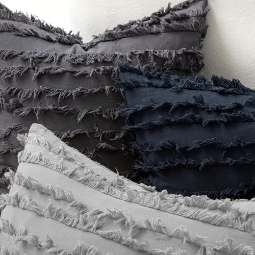 MIULEE Set of 2 Decorative Boho Throw Pillow Covers Linen Striped Jacquard Pattern Cushion Covers for Sofa Couch Living Room Bedroom 16x16 Inch Navy Blue - color: Navy Blue, size: 16" x 16" (Pack of 2)