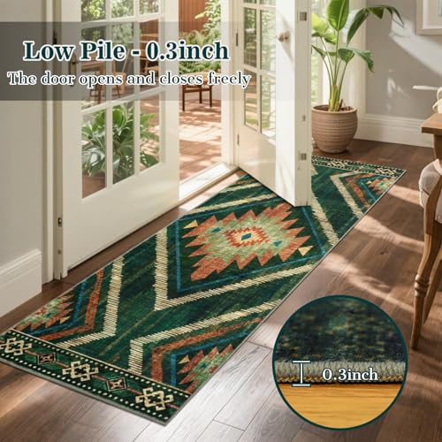 Runner Rugs for Hallway Boho 2x6Ft Non Slip, Green Moroccan Washable Farmhouse Kitchen Rug Runner Non Slip, Soft Geometric Bedroom Entryway Floor Carpet for Entrance Home Decor - color: Green, size: 2' x 6' (Rectangular)