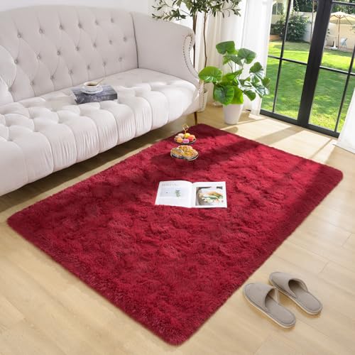 DETUM Red Living Room Rug 5X8 Area Rug Wine Red Christmas Rugs for Bedroom Master Room Dining Dorm Kids Room Machine Washable Nonslip Carpets Soft and Fluffy Modern Home Decoration - color: Burgundy, size: 5 x 8 Feet