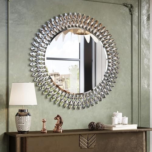 Kelly Miller 36" Jeweled Luxury Round Decorative Wall Mirror | Elegant diamond beveled vanity mirror. Perfect wall mirror for living room, bedroom, entryway. - size: 28"L x 28"W