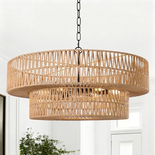 26 Inch Boho Rattan Chandelier, 6-Lights Hand Woven Bohemian Chandeliers with 2-Tier Drum Wicker Shade, Modern Farmhouse Large Pendant Light Fixture for Dining Room Living Entryway Bedroom - color: Black Metal, size: 26 Inch