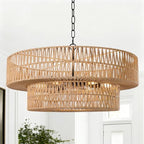 26 Inch Boho Rattan Chandelier, 6-Lights Hand Woven Bohemian Chandeliers with 2-Tier Drum Wicker Shade, Modern Farmhouse Large Pendant Light Fixture for Dining Room Living Entryway Bedroom - color: Black Metal, size: 26 Inch