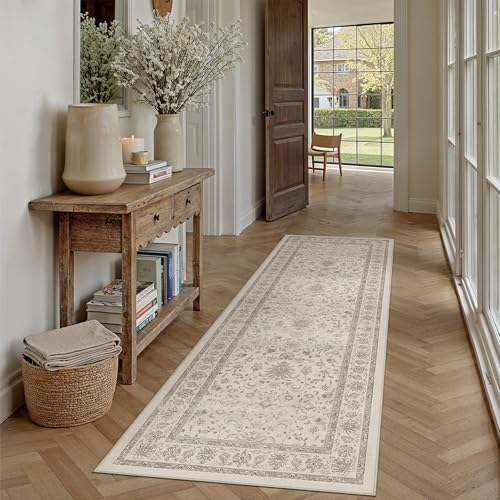 PureCozy 2x6 Runner Rug Beige Washable Hallway Vintage Carpet Kitchen Small Long Non Slip Stain Soft Resistant Low Pile Thin Boho Accent Indoor Throw Rug for Bedroom Laundry Living Room - color: Oriental Beige, size: 2' x 6' (Runner)